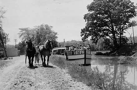 Monticello II, authentic canal boat towed by horses, 1975